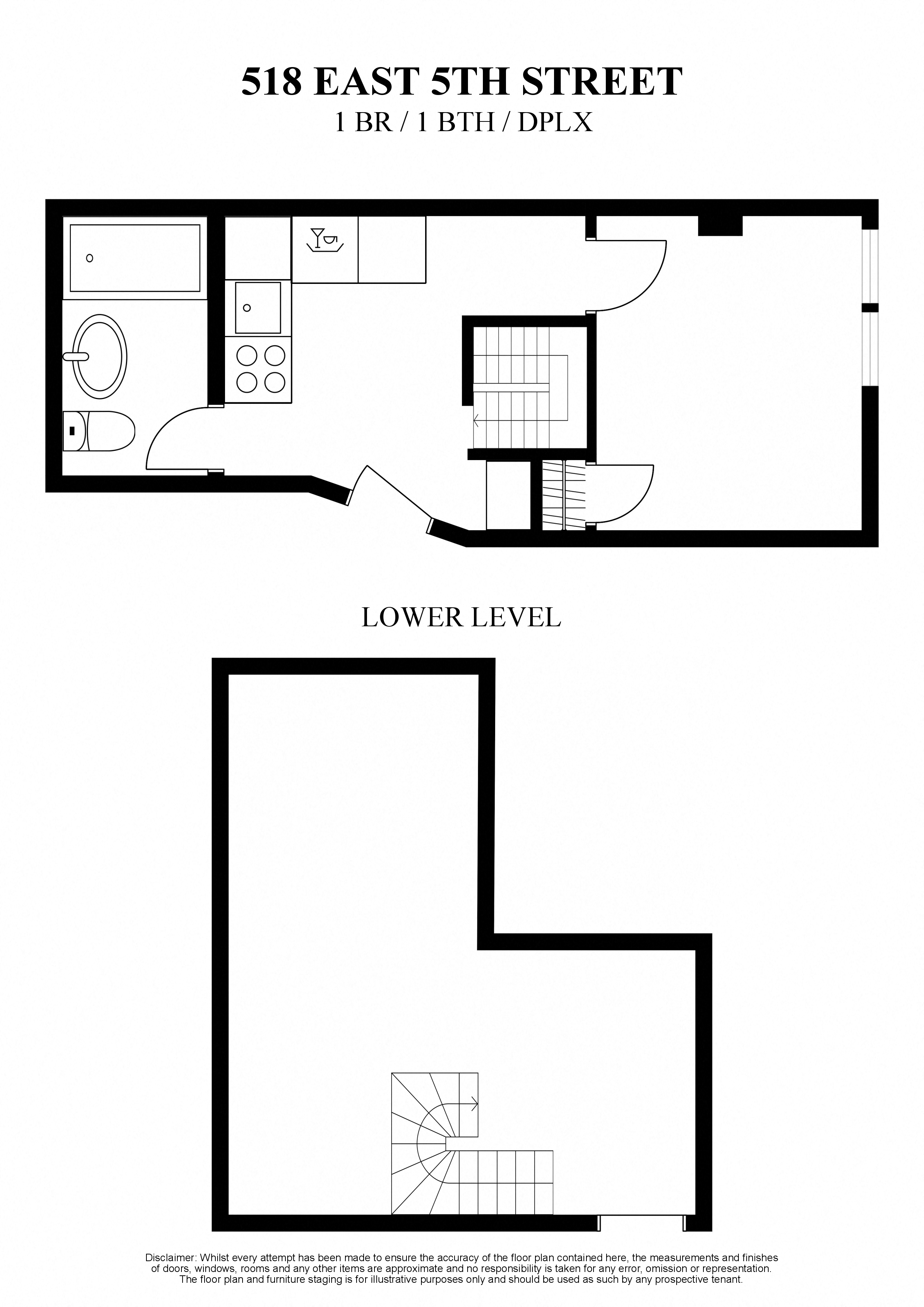 Floor plan for 1 one bedroom one bathroom duplex with recreational room at 518 East 5th Street New York
